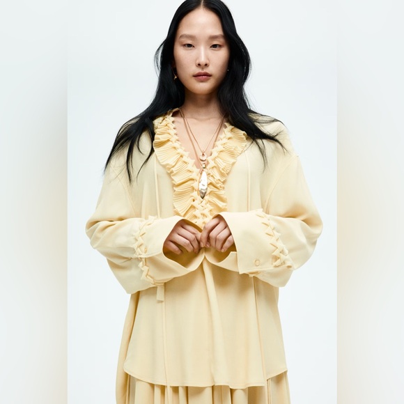 H&M Tops - H&M Ruffled Tunic Pale Yellow / Butter Yellow Blouse Size S VIRAL 2025